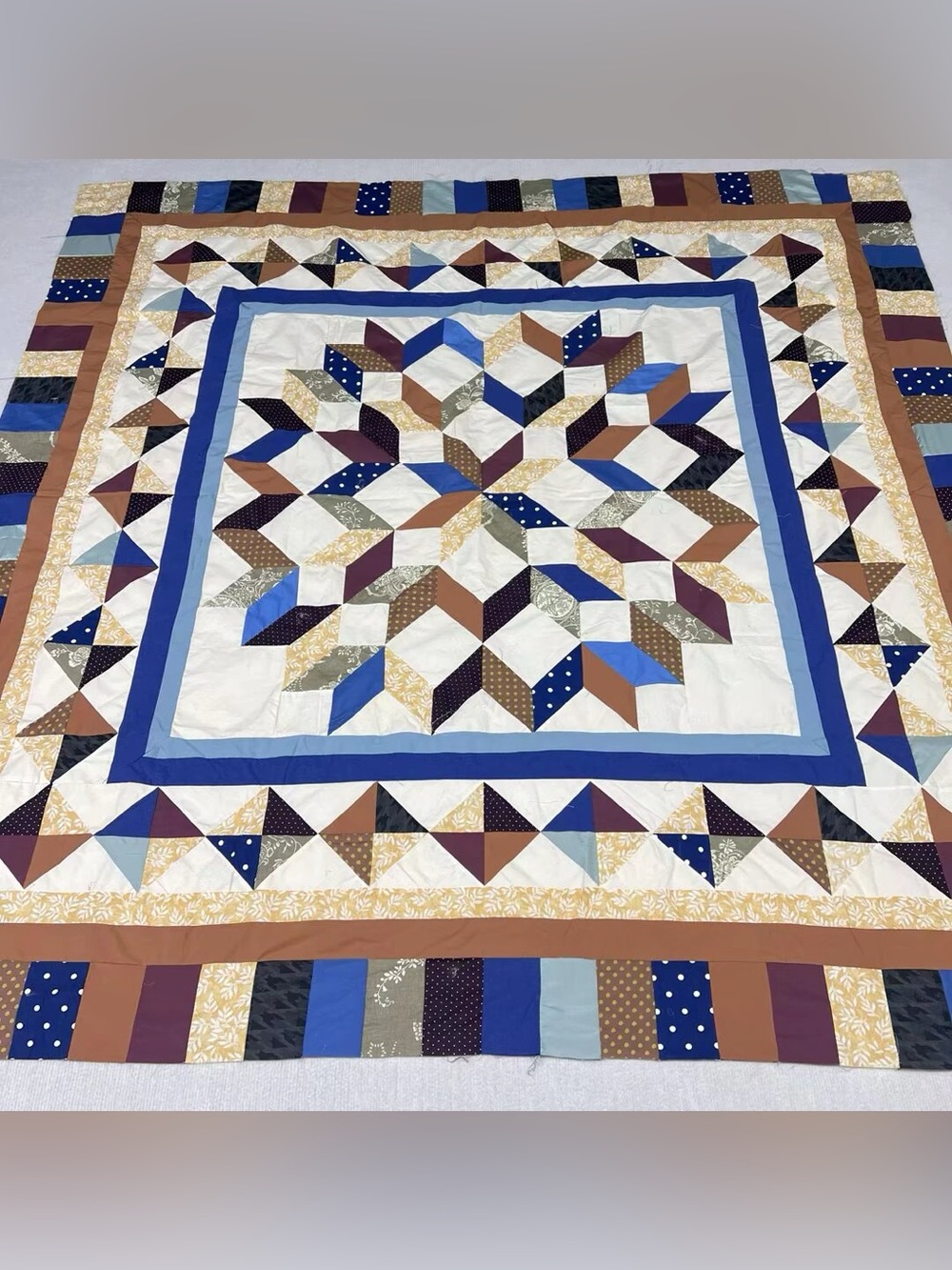 Handmade Carpenter’s Wheel Star Cotton Queen size Patchwork Quilt Top/Topper